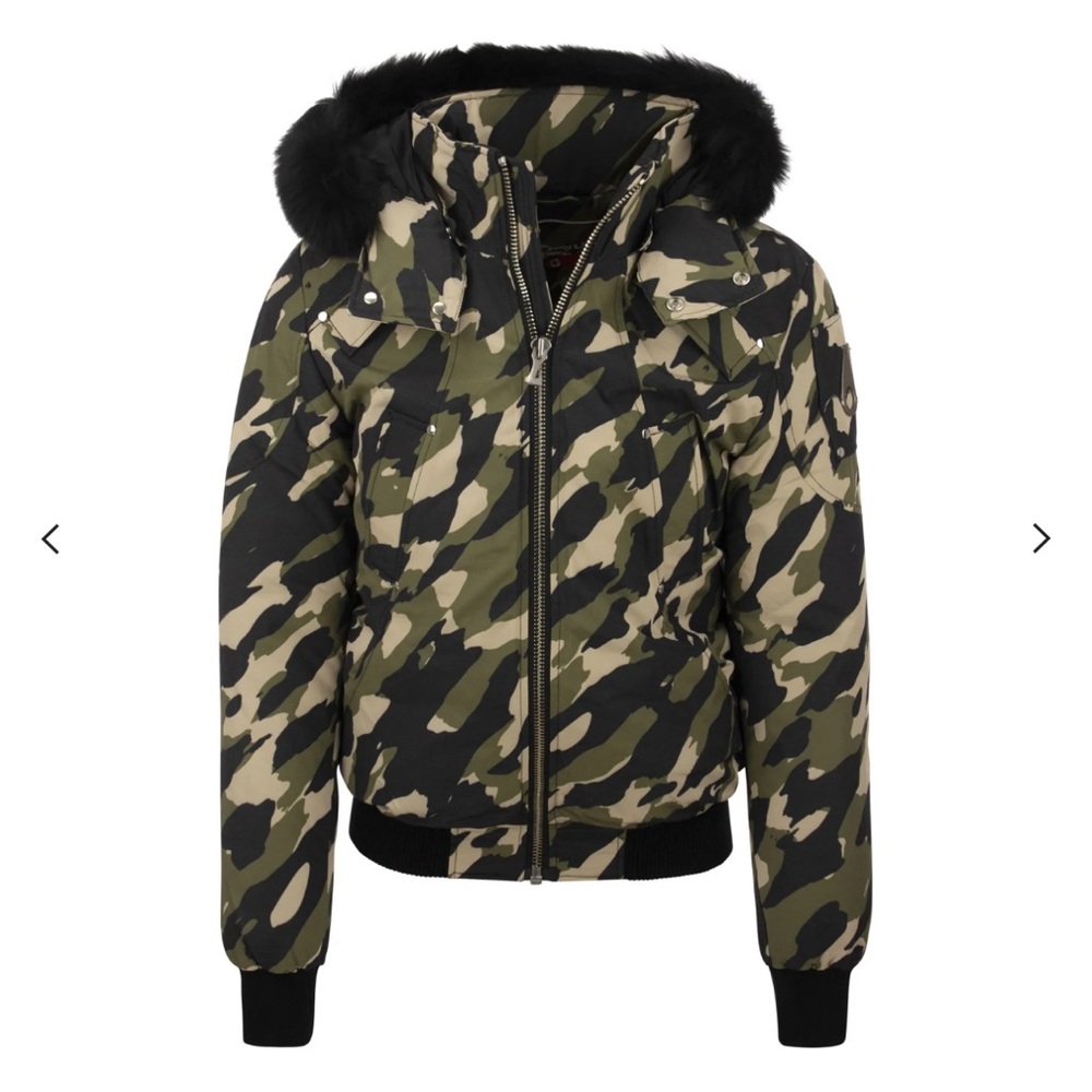 Moose Knuckles Camouflage Bomber Jacket with Fur Hood